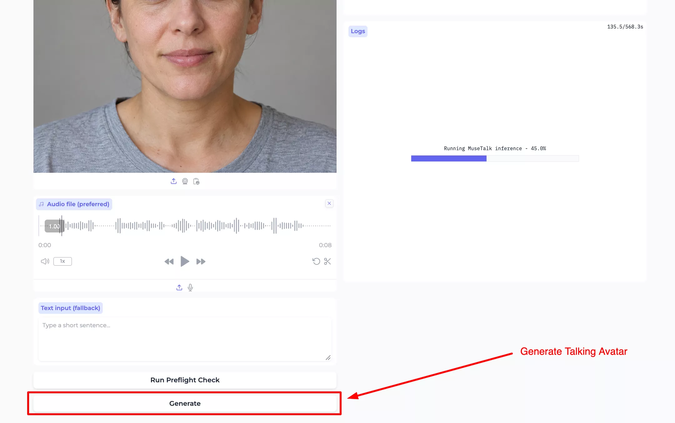 Generate button below the audio and text fields