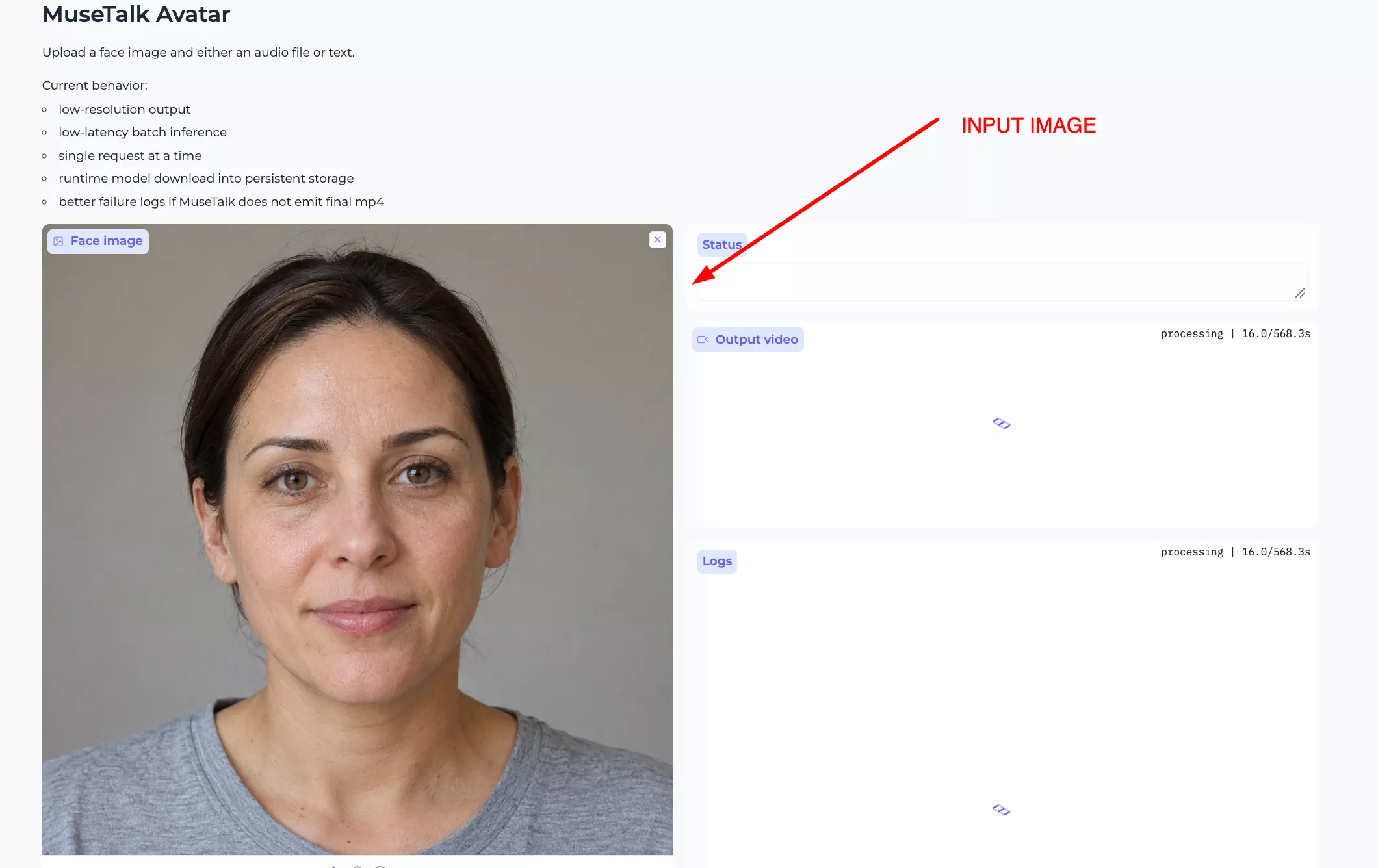 Face image area containing an uploaded portrait in MuseTalk Avatar