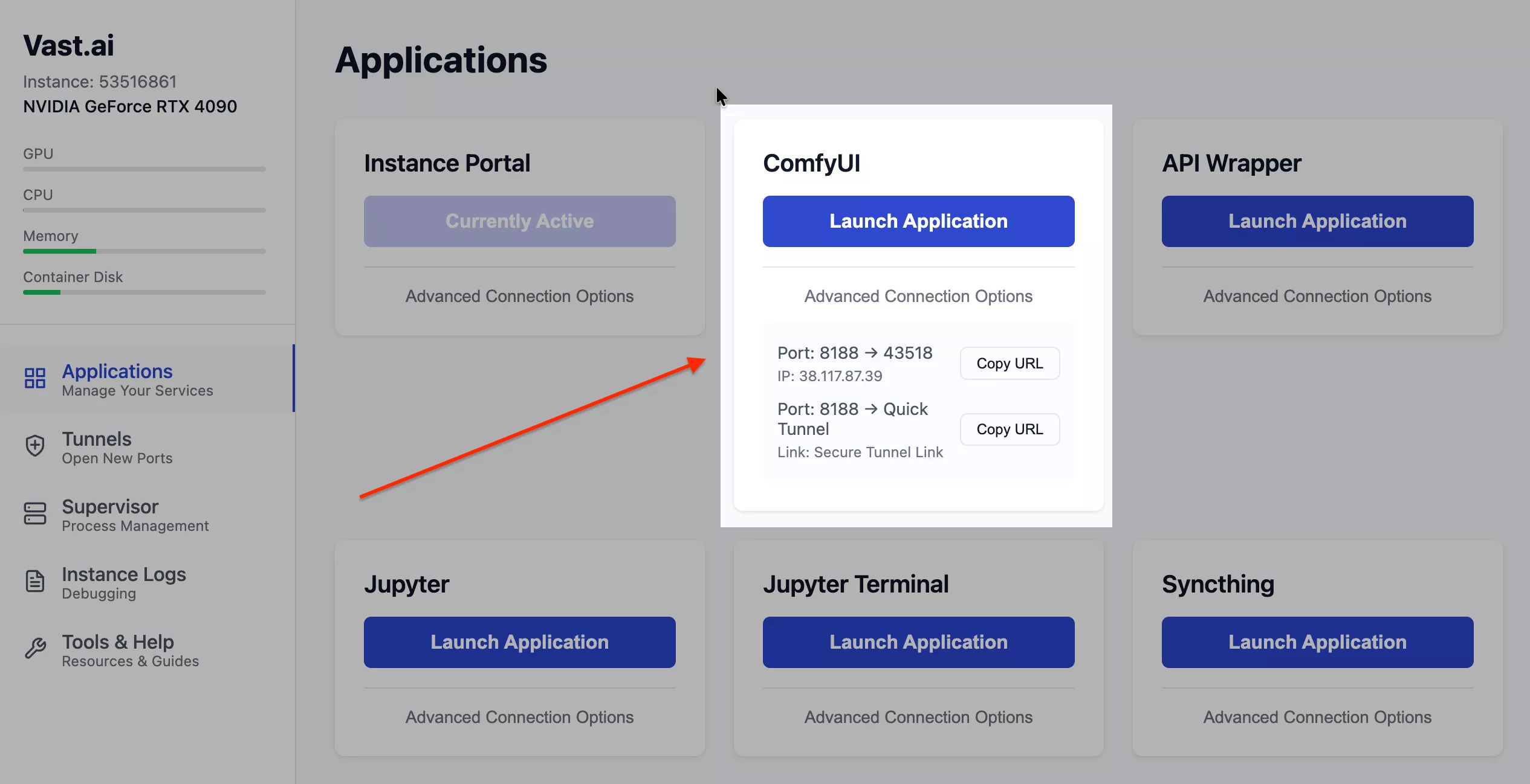 Accessing ComfyUI directly via the Launch Application button in Vast.ai