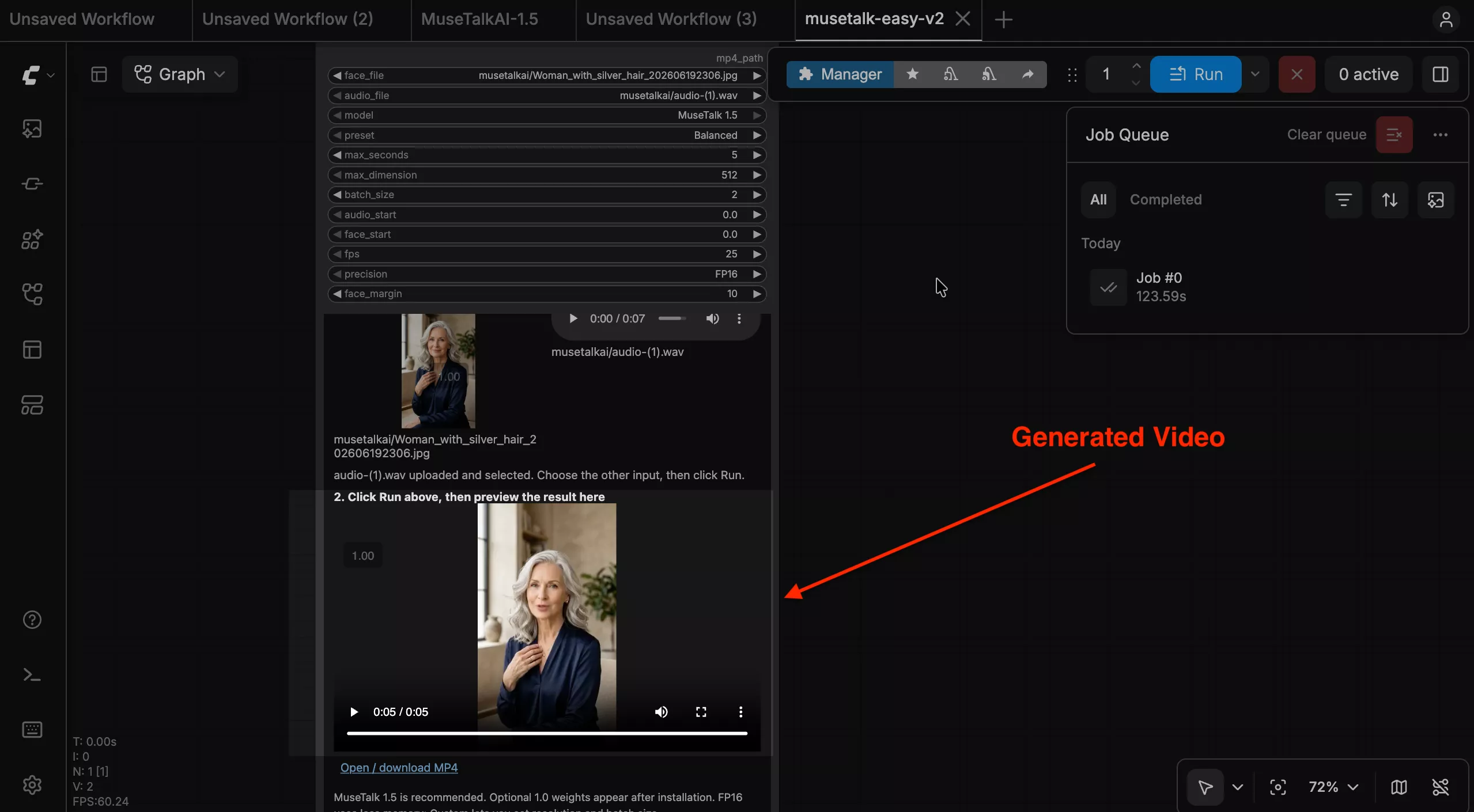 Completed 5-second video preview and MP4 download option inside the MuseTalk node