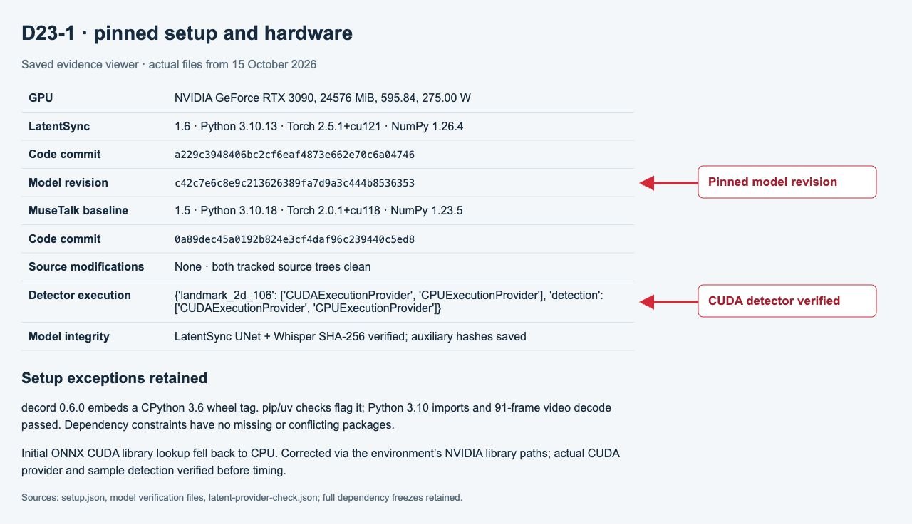 Saved setup record with model revisions and verified CUDA detector; arrows in the margin