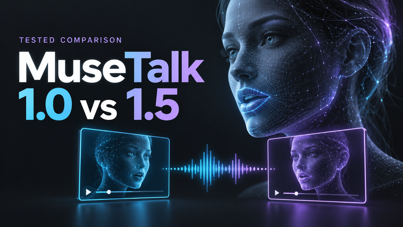 Illustrated MuseTalk 1.0 versus 1.5 comparison cover with a digital face, two video panels and an audio waveform.