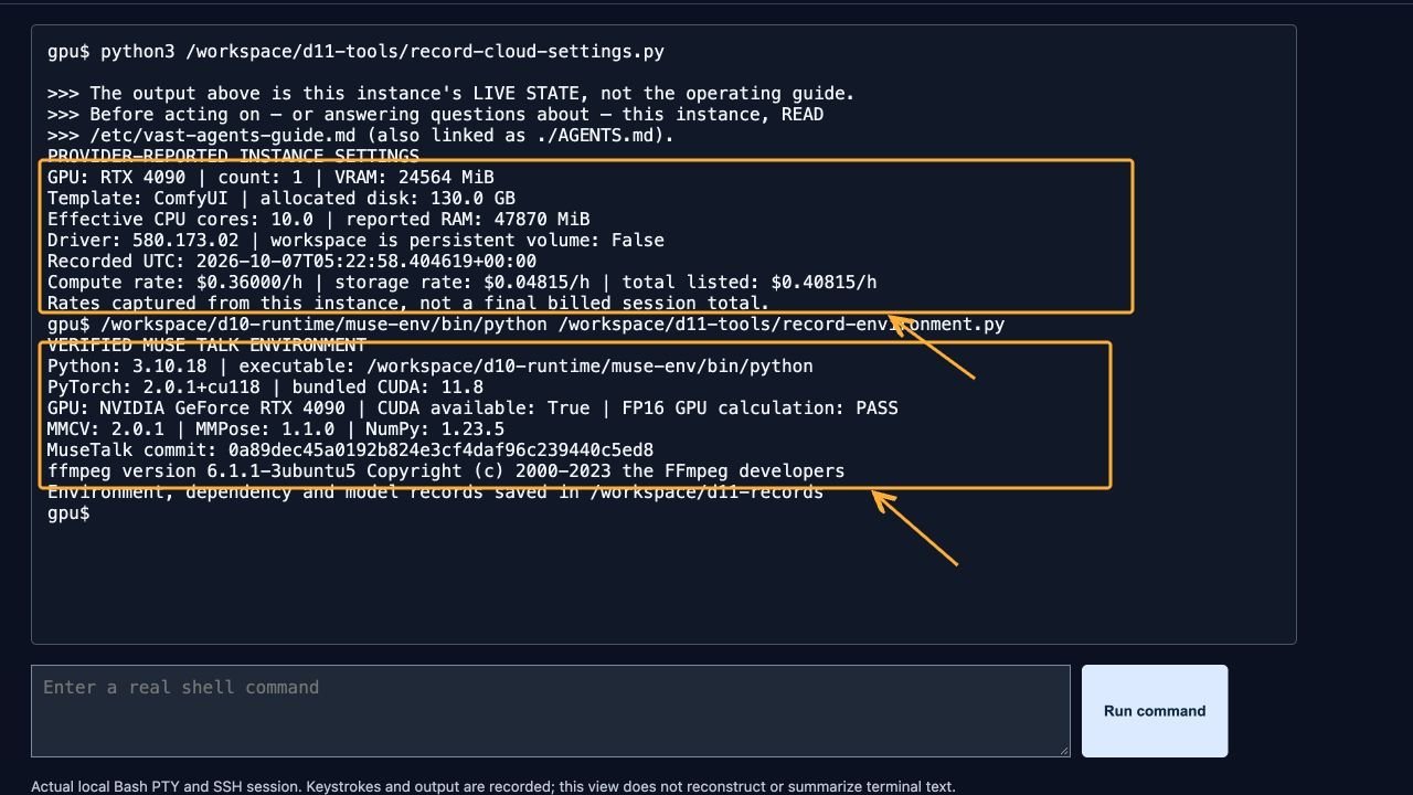 Live provider settings, RTX 4090, captured hourly rate, pinned environment and passing FP16 check