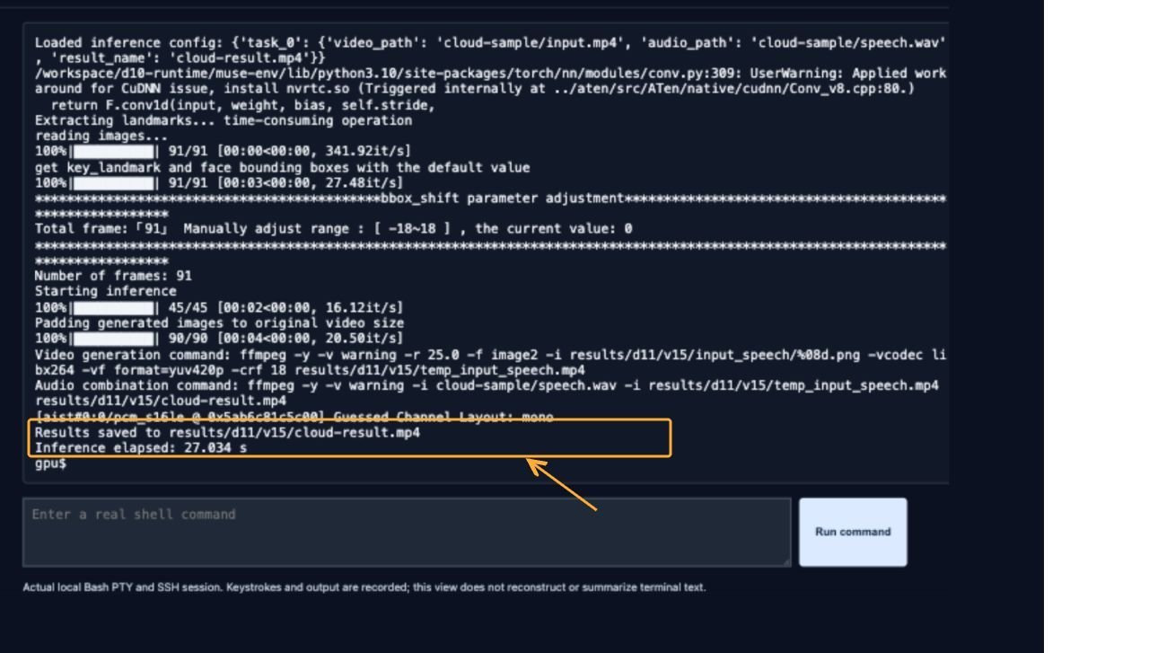 Actual model output log showing saved cloud result and 27.034 seconds elapsed