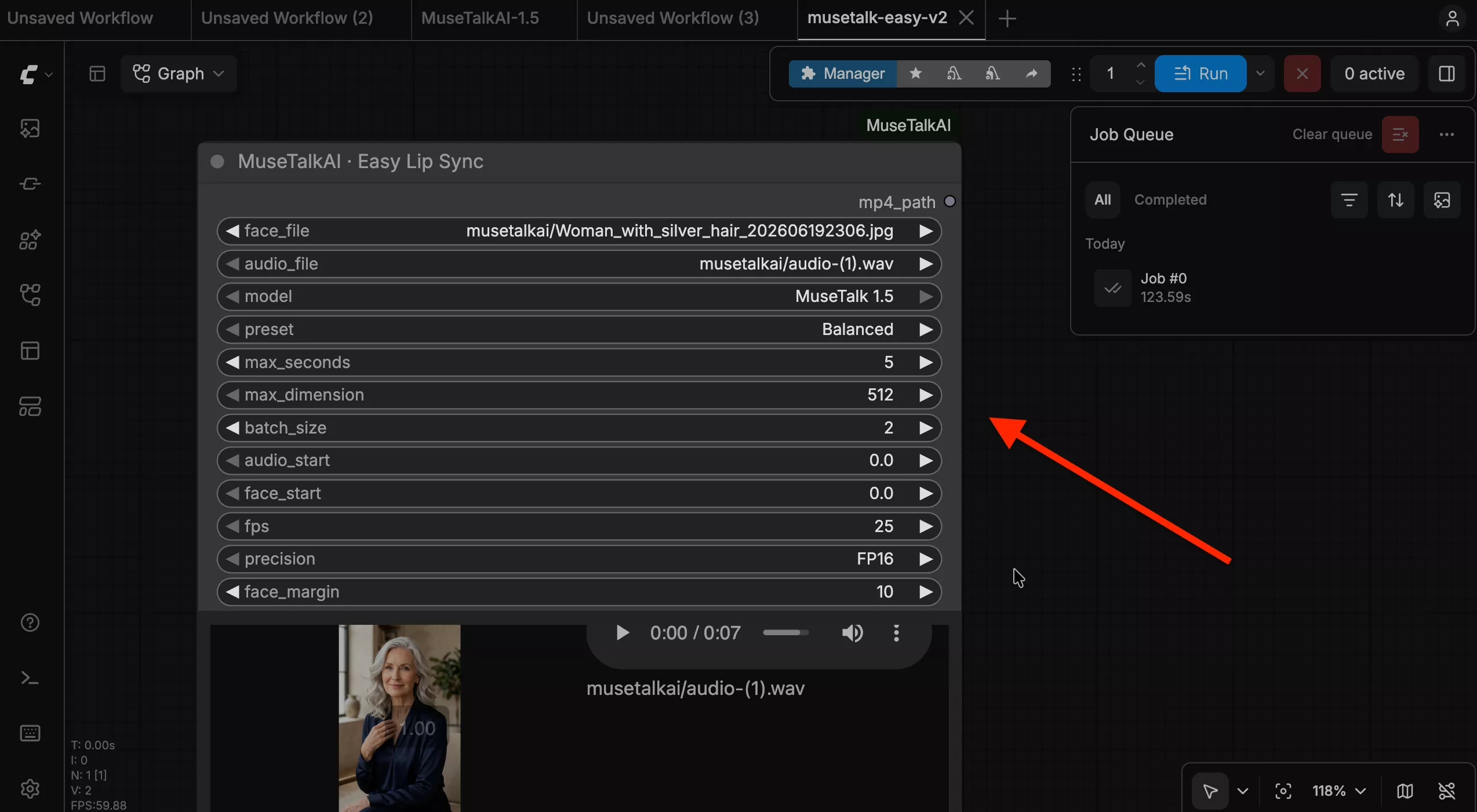 Configuring MuseTalk 1.5 parameters including Balanced preset, duration, FPS, and FP16 precision