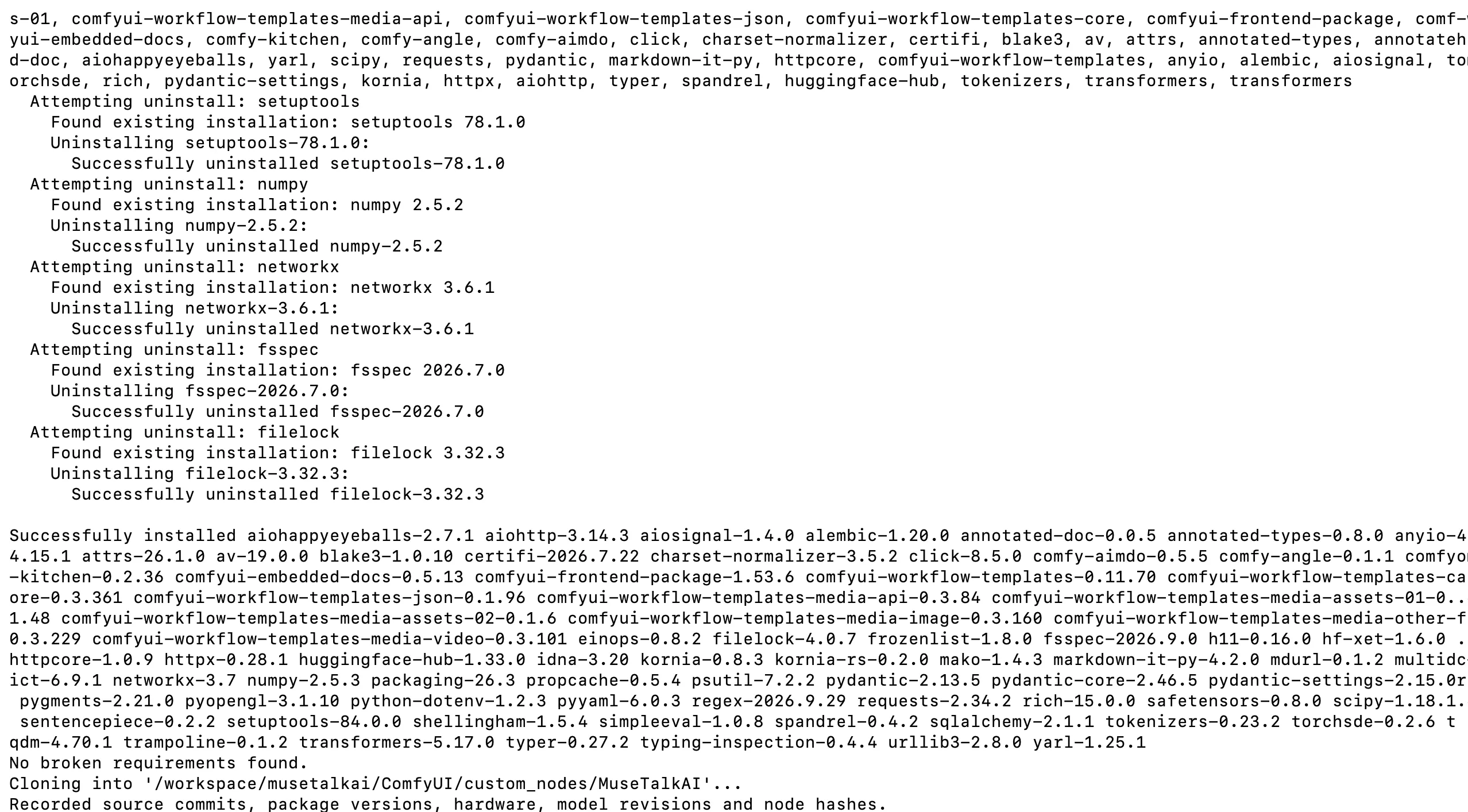 ComfyUI execution graph running MuseTalk inference pipeline to completion