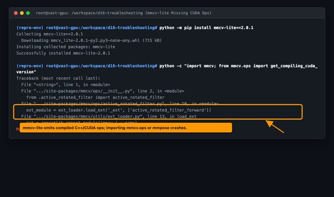 Terminal screenshot showing ModuleNotFoundError No module named mmcv._ext