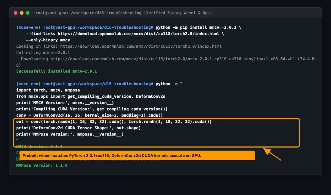 Terminal screenshot showing verified MMCV binary wheel and executing CUDA operator