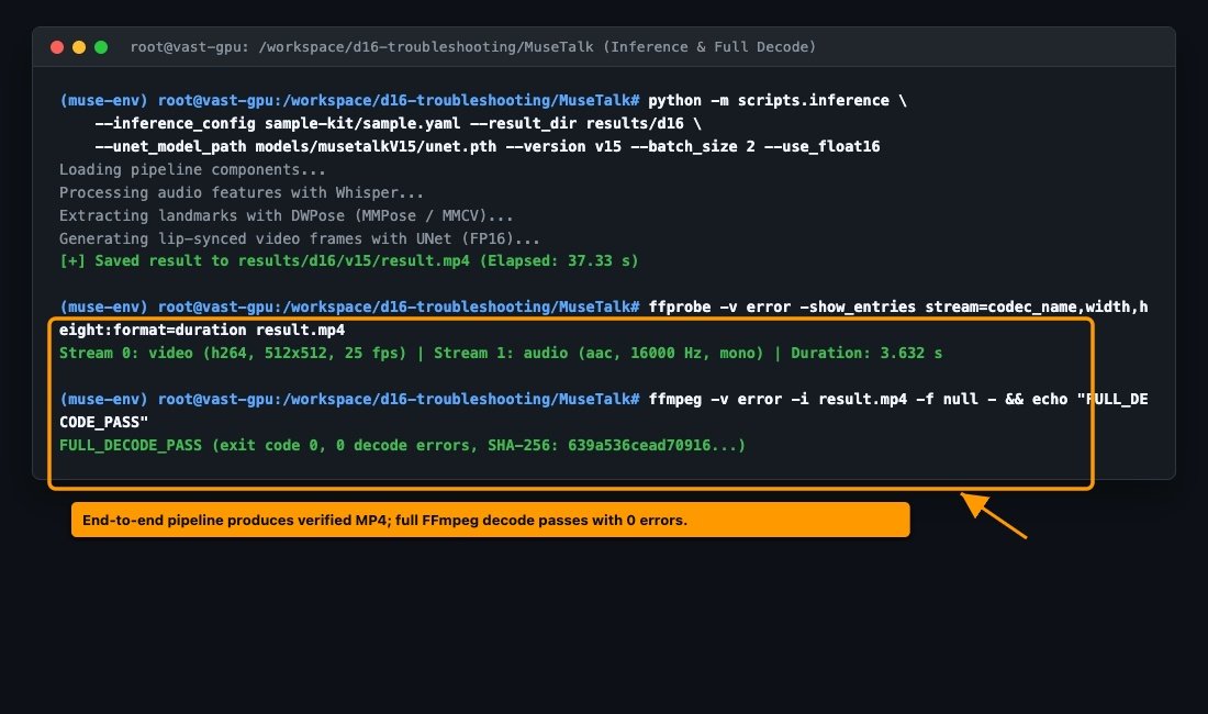 Terminal screenshot showing complete MuseTalk inference pass and full FFmpeg decode exit code 0