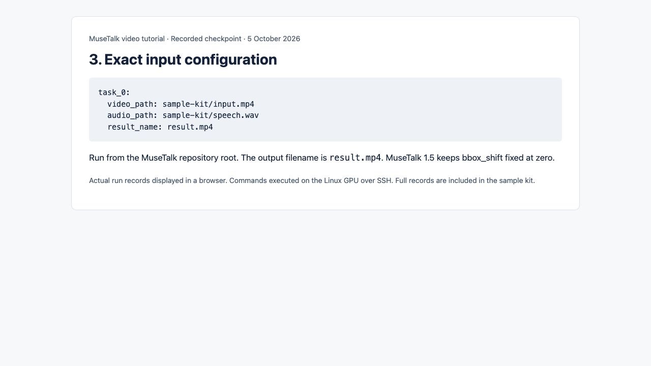 Exact MuseTalk YAML configuration for the video sample