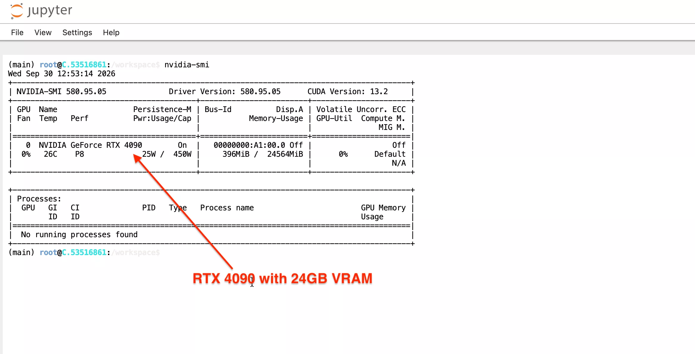 nvidia-smi terminal verification showing NVIDIA RTX 4090 with 24GB VRAM