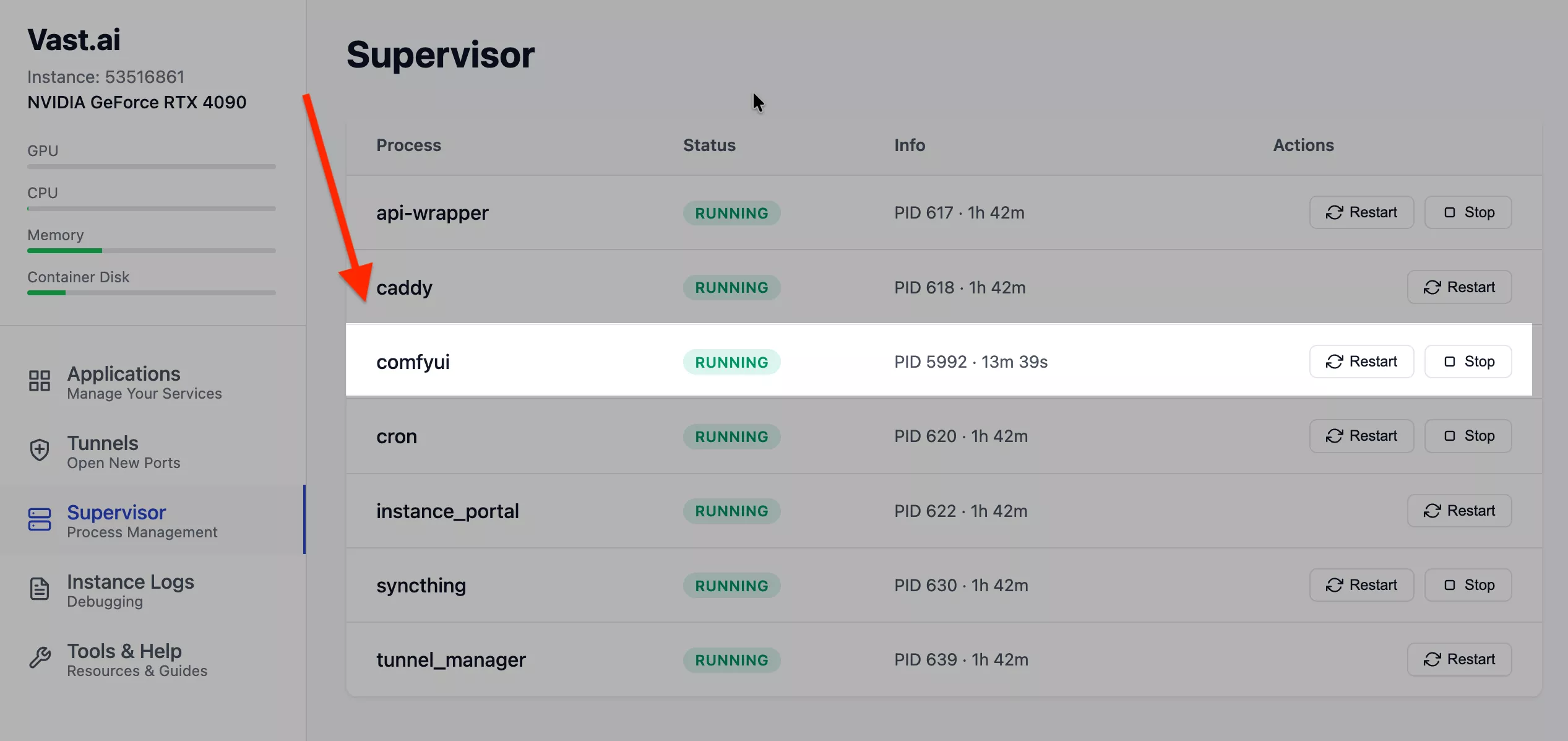 Restarting ComfyUI service via Manager or Supervisor in Vast.ai