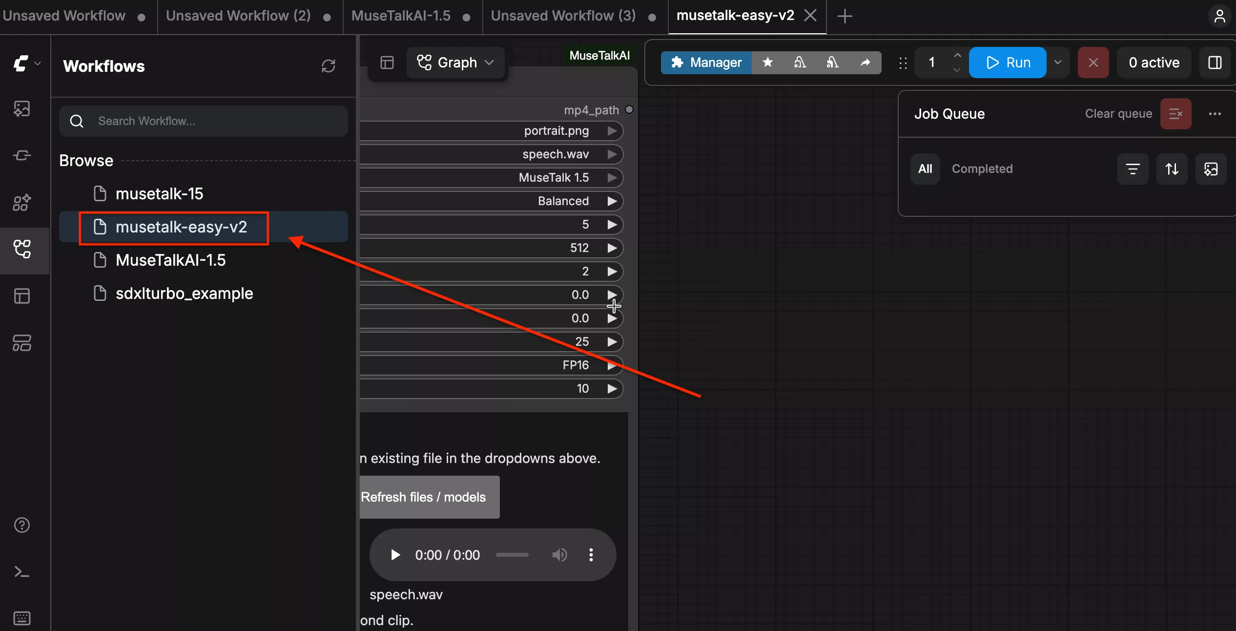 Selecting musetalk-easy-v2 workflow in ComfyUI