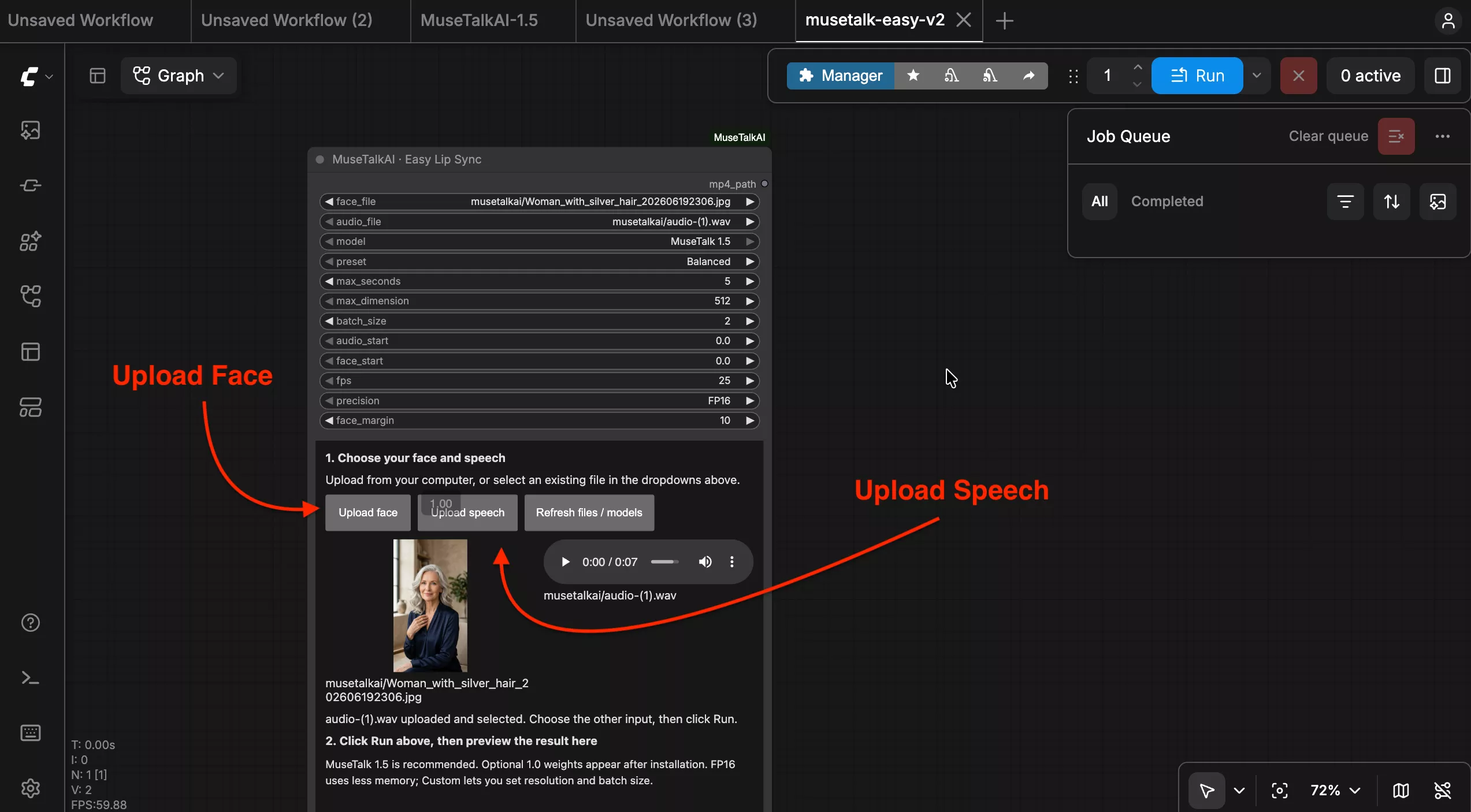 MuseTalk Easy Lip Sync node with Upload face and Upload speech buttons and input previews